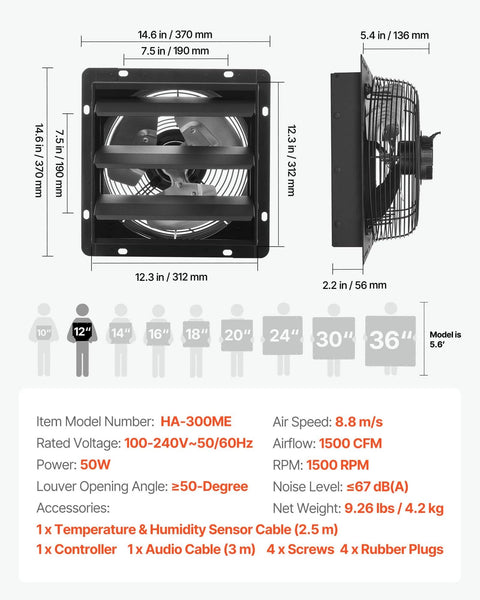 Front and side view of 12 Inch Wall Mounted Exhaust Fan With Variable Speed And Smart Temperature Humidity Controller 1500 CFM.