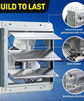 Beefy 12 Inch Wall Mounted Shutter Exhaust Fan With Automatic Shutter Built In Thermostat And Variable Speed Controller 960 CFM 0.6A Covers Up To 1400 Sq Ft Heavy Duty Silver Ventilation For Garage And Shop showing aluminum shutters and steel frame