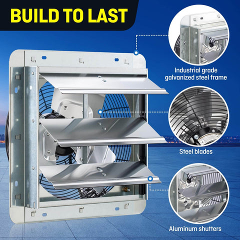 Beefy 12 Inch Wall Mounted Shutter Exhaust Fan With Automatic Shutter Built In Thermostat And Variable Speed Controller 960 CFM 0.6A Covers Up To 1400 Sq Ft Heavy Duty Silver Ventilation For Garage And Shop showing aluminum shutters and steel frame
