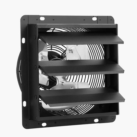 Side view of a 12 Inch Wall Mounted Exhaust Fan With Variable Speed And Smart Temperature Humidity Controller 1500 CFM With Automatic Shutter Beefy Airflow For Attics Sheds And Workshops