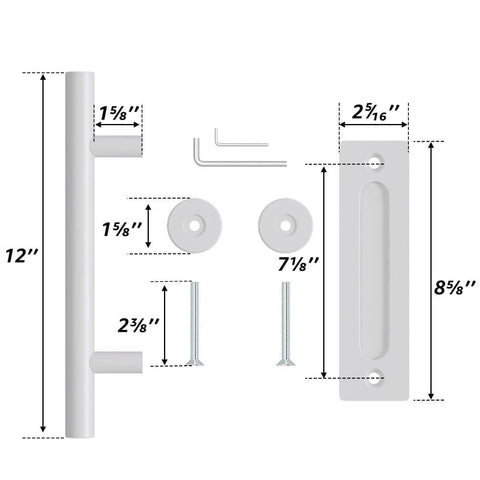 Diagram of 12 Inch White Heavy Duty Barn Door Handles Sliding Barn Door Pull Handle set with dimensions and mounting hardware.
