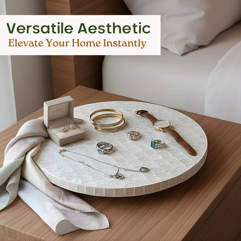 12 inch white capiz lazy susan turntable centerpiece with jewelry on a nightstand, ideal for organizing accessories.