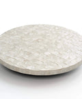 12 inch white capiz lazy susan turntable centerpiece with a smooth, glossy mother of pearl surface for dining tables