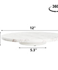 Marble lazy susan turntable designed as a cheese board and cake stand, 12 inch white marble rotating tray with measurements.