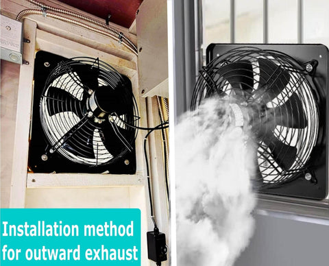 12 Inch Window Exhaust Ventilation Fan 720 CFM High Speed Wall Mounted Industrial Extractor installed for outward exhaust