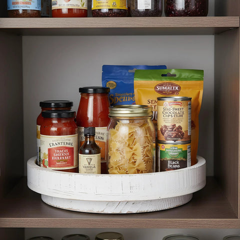 12 Inch Wood Lazy Susan Turntable Organizer For Kitchen Counters And Pantries holding spices and jars on a pantry shelf