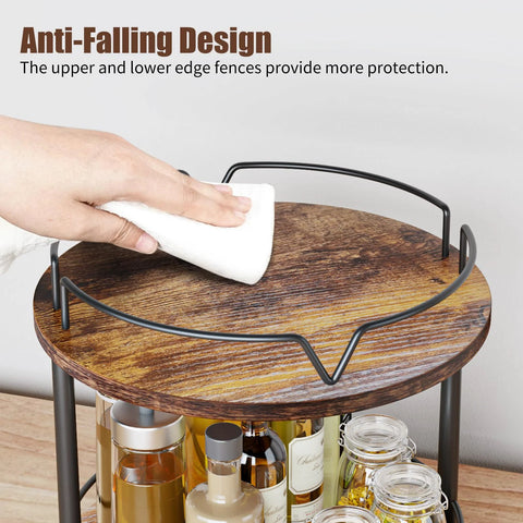 Person wiping 12 Inch Wood Lazy Susan Two Tier Rotating Spice Rack Turntable Organizer For Kitchen Countertop And Cabinet Rustic Brown