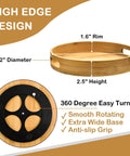 12 inch wooden lazy susan turntable organizer with handles, rotating acacia wood tray showing high edge design and base details.