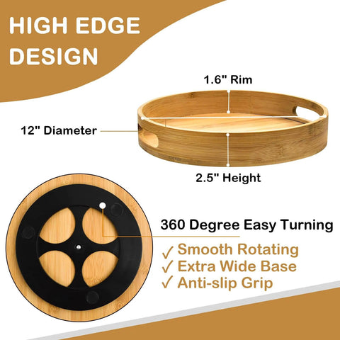 12 inch wooden lazy susan turntable organizer with handles, rotating acacia wood tray showing high edge design and base details.
