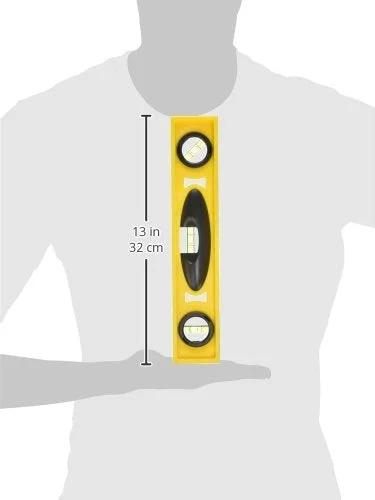 Image of a 12-Inch professional level with a shock-resistant, non-marring ABS body and top-read vial held by a person's arm.