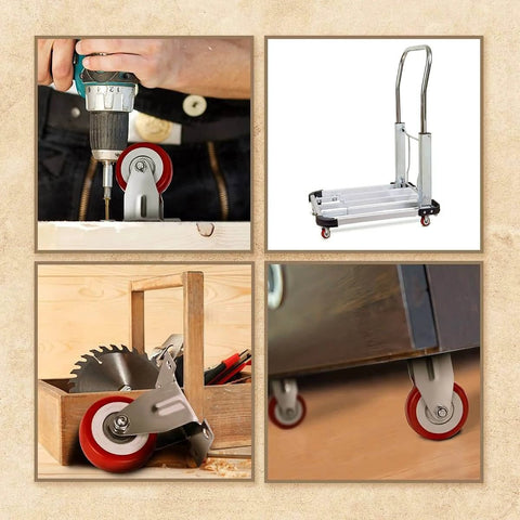 12 Pack 2 Inch Rigid Caster Wheels with red polyurethane tires on a hand truck and installed on various surfaces.