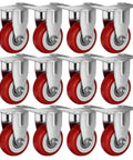 12 Pack 2 Inch Rigid Caster Wheels with red polyurethane tires and top plate mounting, non swivel fixed design.