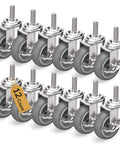 3 Inch Locking Swivel Caster Wheels Set of 12 with Threaded Stem 3/8-16 x 1-1/2 Inch in a grid display, showcasing gray non marking casters.