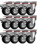 12 Pack 3 Inch Swivel Caster Wheels with dual locking brakes featuring non skid no mark rubber wheels viewed from the top.