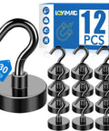 12-pack set of 30 lb magnet hooks with steel design, shown with packaging, for organizing and securing items in home or office.