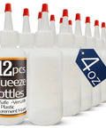 12 Pack 4 Oz Squeeze Bottles With Red Tip Caps For Ketchup BBQ Sauces Syrup Condiments Oil Pancake Decorating Dressings Travel Camping Lab Arts And Crafts Leakproof Pouring With Secure Yorker Cap And Gasket For Mess Free Use, front view