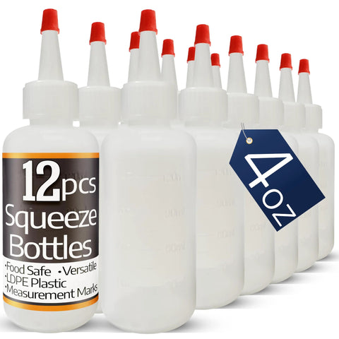 12 Pack 4 Oz Squeeze Bottles With Red Tip Caps For Ketchup BBQ Sauces Syrup Condiments Oil Pancake Decorating Dressings Travel Camping Lab Arts And Crafts Leakproof Pouring With Secure Yorker Cap And Gasket For Mess Free Use, front view