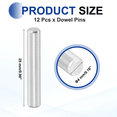 12 Pack 4 X 25 Mm 316 Stainless Steel Dowel Pins For Machine Building And Furniture Installation, size dimensions shown.