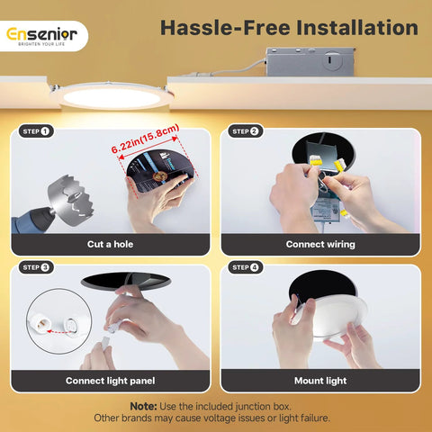 Installation steps for 12 Pack 6 Inch LED Recessed Ceiling Light Dimmable 2700K 5000K 5CCT 1200LM 12W 120V Canless Wafer Downlight