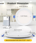 12 Pack 6 Inch LED Recessed Ceiling Light Dimmable 2700K 5000K 5CCT 1200LM 12W 120V Canless Wafer Downlight dimensions image