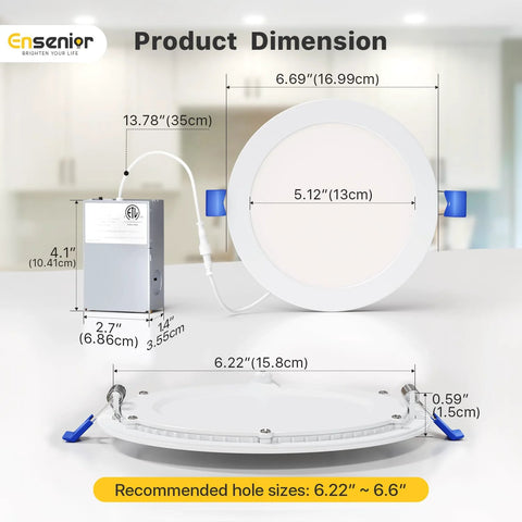 12 Pack 6 Inch LED Recessed Ceiling Light Dimmable 2700K 5000K 5CCT 1200LM 12W 120V Canless Wafer Downlight dimensions image