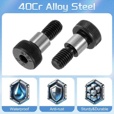 Two black alloy steel shoulder bolts with 10mm shoulders and M8 thread; knurled heads