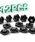 12 Pack 1/4-20 Star Knobs With Brass Insert Hex Head Thru Clamping Knobs arranged on white background