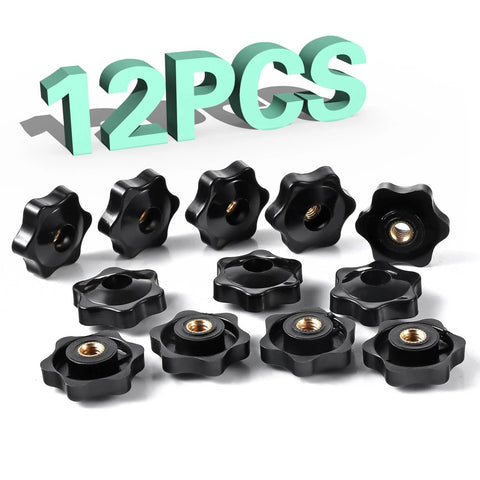 12 Pack 1/4-20 Star Knobs With Brass Insert Hex Head Thru Clamping Knobs arranged on white background