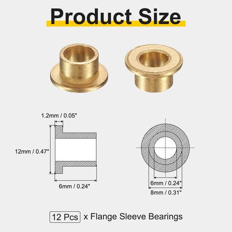 Diagram of 12 Pack Flange Sleeve Bearings 6mm Bore 8mm OD 6mm Length Sintered Bronze Self Lubricating Bushings with size measurements