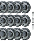 12 Pack Shopping Cart Replacement Wheels Kit with 5 Inch TPU Casters, bolts, locking nuts, grey wheels displayed in rows