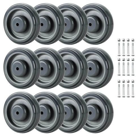 12 Pack Shopping Cart Replacement Wheels Kit with 5 Inch TPU Casters, bolts, locking nuts, grey wheels displayed in rows