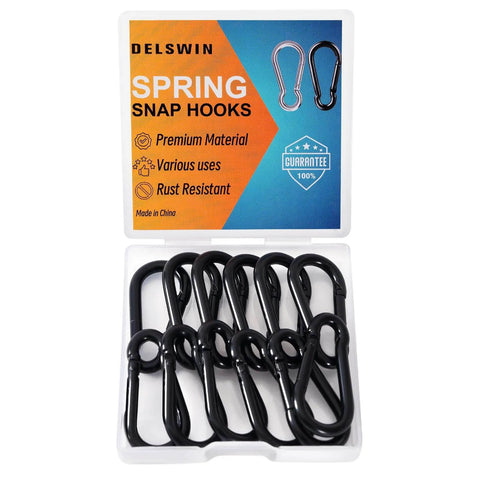Open box of 12 Pack M4 1.57 Inch Carabiner Clip Spring Snap Hook Heavy Duty Quick Link 110 Lbs Capacity For Bird Feeders Dog Leash And Harness Durable Rust Resistant Metal With Smooth Edges Corrosion Resistant Finish For Outdoor Use
