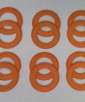 12-Pack Orange Rubber Seals for 608 Skate Bearings displayed in a flat layout, showcasing the vibrant color and design.