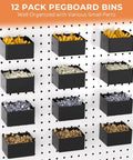 12-pack pegboard bins holding various small parts for organized storage on a perforated board.