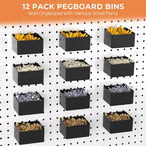 12-pack pegboard bins holding various small parts for organized storage on a perforated board.