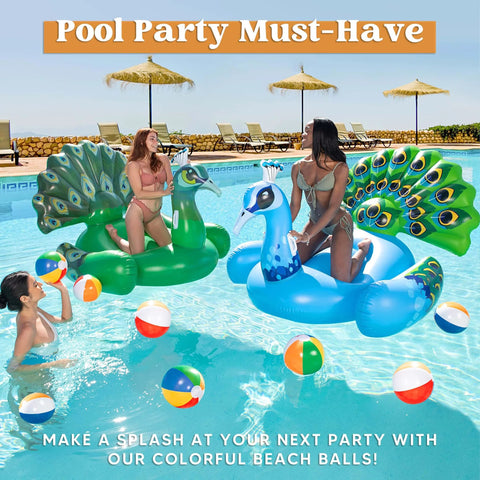 People enjoying pool floaties with rainbow beach balls, 12-Pack 12“ Beach Balls - Bulk Classic Beachball Inflatable Swimming Pool Toys