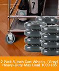 12 Pack Shopping Cart Replacement Wheels Kit with 5 Inch TPU Casters, stack of grey wheels near shopping cart, hardwood floor background