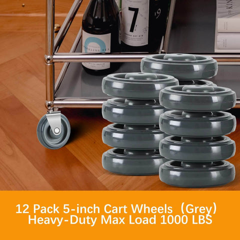 12 Pack Shopping Cart Replacement Wheels Kit with 5 Inch TPU Casters, stack of grey wheels near shopping cart, hardwood floor background