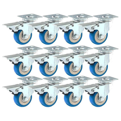 12 Pack 2 Inch Brake Caster Wheels With Swivel Plate Casters In Blue Polyurethane Locking Brakes 50mm Plate 33mm Hole Center 6mm Axle Heavy Duty Swivel Castors For Furniture Carts Equipment And Industrial DIY Use
