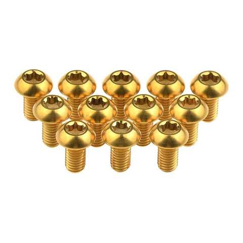 12 Pcs M5x10 Titanium Torx Bolts for Bicycle Disc Brake Rotors Made from Grade 5 6AL 4V Titanium Alloy Featuring T25 Torx Head, gold finish.