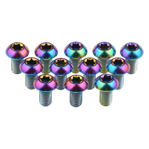 12 Pcs M5x10 Titanium Torx Bolts for Bicycle Disc Brake Rotors showcasing colorful finish and T25 Torx head design.