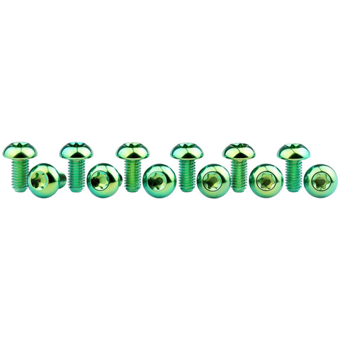 12 Pcs M5x10 Titanium Torx Bolts for Bicycle Disc Brake Rotors featuring T25 Torx Head and green finish.