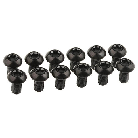 12 Pcs M5x10 Titanium Torx Bolts for Bicycle Disc Brake Rotors displayed in a close-up view, showing T25 Torx head and black finish.
