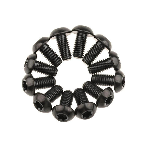 12 Pcs M5x10 Titanium Torx Bolts for Bicycle Disc Brake Rotors arranged in a circle, featuring T25 Torx head and black finish.