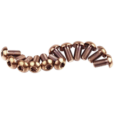 12 Pcs M5x10 Titanium Torx Bolts for Bicycle Disc Brake Rotors featuring Bronze Finish laid out in a row with T25 Torx heads.