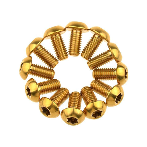 12 Pcs M5x10 Titanium Torx Bolts for Bicycle Disc Brake Rotors in a circular arrangement, featuring a gold finish and T25 Torx heads.