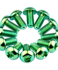 12 Pcs M5x10 Titanium Torx Bolts for Bicycle Disc Brake Rotors arranged in a circle, showcasing green finish and T25 heads.