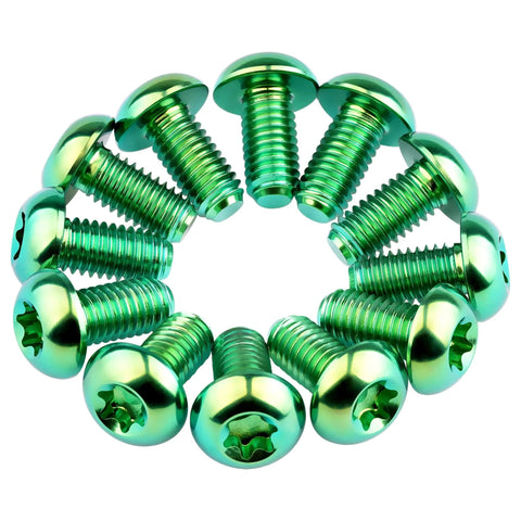 12 Pcs M5x10 Titanium Torx Bolts for Bicycle Disc Brake Rotors arranged in a circle, showcasing green finish and T25 heads.