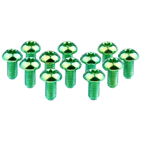 12 Pcs M5x10 Titanium Torx Bolts for Bicycle Disc Brake Rotors featuring T25 Torx Head in green finish.