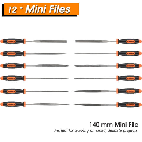 Twelve needle files from Twenty Five Piece Metal File Set With T12 Drop Forged Alloy Steel for woodworking and metalworking.